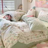 Tineit Ins Bedding Set Cream Green Floral Twin Queen Size Duvet Cover Flat Sheet Pillowcase No Filler Girl Boy Gift Home Bed Linens