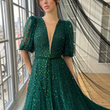 Tineit Customized Glitter Short Sleeves V Neck robes de soirée A-line Party Dresses Floor-Length Sash Mesh Fabric Prom Dress-(PRE-ORDER)