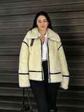 Tineit Fashion Contrast Spliced Zipper Lapel Lamb Wool Jacket Women's Chic Casual Thick Warm Long Sleeve Coat Ladies Chic Outwear 2024