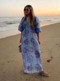 Tineit Loose Striped Print linen Maxi Dress Women Fashion V-neck Lantern Sleeve Female Holiday Dresses 2024 Summer Lady Beach Robes New