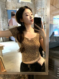 Tineit 2025 Summer New Leopard Y2k Crop Tops Women 2000s Basic Outwear Vintage T-shirt Korean Fashion Casual Sexy Backless Tops Chic