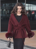 Tineit 2025 Burgundy Elegant Lace Up Faux Fur Cuffs Woolen Coat New Women's Fashion Long Sleeve Lapel Jacket Temperament Ladies Outwear