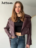 Tineit Fashion Women's Burgundy Crop Leather Jacket Vintage Lapel Pockets Long Sleeve Coat 2024 Autumn Winter Lady Street Loose Outwear