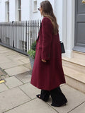 Tineit Women's Chic Burgundy Double-breasted Woolen Overcoat 2025 New Fashion Flap Pocket Lapel Long Jacket Elegant Lady Street Outwear