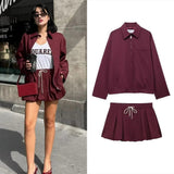 Tineit Spring Autumn Jacket Suit Women 2-piece Set Fashion Casual Women's Zipper Pocket Decoration Jacket Coat Lantern Mini Skirt Set