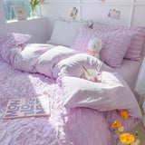 Tineit Princess Bedding Set  French Style Wash Cotton Solid Color Seersucker Summer Soft 2024New Bed Sheet Set Comforter Set