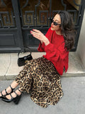 Tineit 2024 Vintage Women's Leopard Print Satin Skirt Female Summer High Waist Midi Skirt Woman Fashion Elegant Long Skirts