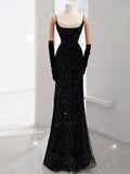 Tineit Elegant Mermaid Spaghetti Straps Black Sequin Long Prom Dresses Party Dress With Beads (PRE-ORDER)