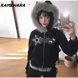 Tineit Winter Love Song Design Sense Furry Patchwork Hooded Zipper Coats American Fleece Jacket E-girl Gothic Grunge Black Coats