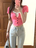 Tineit Kawaii Sweet Slim Blouse Women 2025 Summer Short Sleeve Bodycon Y2k Crop Tops Basic Korean Style Fashion Fake Two T Shirt Casual