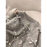 Tineit 2025 Autumn Winter Women Temperament High Soft Mohair Knitted Cardigan Fragrant Coat Casual Tops Korean Grey Bow Sweater