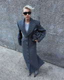 Tineit Elegant Grey Waist Up Wool Blends Long Jacket Women's Chic Lapel Collar Single Breasted Overcoat Temperament Lady Outerwear 2024