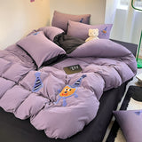 Tineit Mocha Bear Embroidery Bedding Set Twin Queen Duvet Cover Set Pillowcases for Adult Kids Bed Flat Sheet Cute Quilt Cover Kawaii