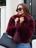 Tineit Burgundy Red Chic Women's Fluffy Faux Fur Short Jacket Women Elegant Lapel Long Sleeve Plush Coat Female Warm Cropped Streetwear