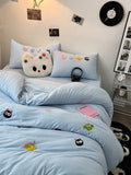 Tineit Korean Style Fresh Bedding Set Water Washed Cotton Cute Towel Embroidered Duvet Covers, Bed Sheets, Dormitory