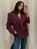 Tineit Elegant Striped Blazer Coats Women Double Breasted Notched Loose Pocket Office Suit Jacket Female 2025 Spring Street Top Outwear