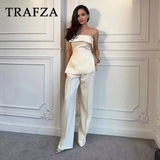 cold weather outfits Tineit 2024 Spring Summer Women Elegant Solid Suit Fashion Casual Strapless Sleeveless Slim Short Tops+High Waist Zipper Pants