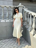 Tineit Elegant Knitted Hollow Out  Dress For Women Fashion Solid Single Breasted Short Sleeved Slim Dresses New Lady Commuting Robe