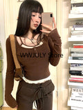 Tineit Korean Fashion Knitted Fake Two Tops Basic Slim Bodycon Sweater Blouse Outwear Design Long Sleeve Clothing 2025 Autumn Chic