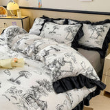 Tineit Ink Style A-class Skin Friendly Washed Cotton Four Piece Set With Lotus Leaf Lace Bedding, Bedsheet, Duvet Cover, Single Bed