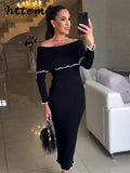 Tineit Elegant Knit Off Shoulder Midi Dress Women Slim Slash Neck Long Sleeve Hip Package Female Dresses 2024 Autumn Lady Casual Robes