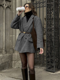 Tineit Classic Grey Wool Blends Blazer Jacket For Women Chic Turndown Collar Flip Pockets Long Sleeve Suit Coat Lady New Office Outwear