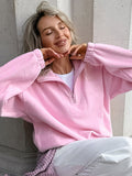 Tineit Fleece Sweatshirt Jacket Women Polo Collar Oversize Casual Pink Long Sleeve Fluffy Zip Hoodies Thick All-match Outwear Tops