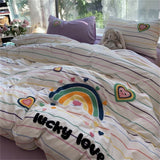 Tineit Korean Ins Dopamine Rainbow Embroidered Washed Cotton Bedding set Duvet Cover Home Luxury No Filling Bedding Set Bed Sheets