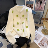 thanksgiving outfit Tineit 3D Flower Knitted Cardigan Women V-Neck Fall Winter Warm Long-Sleeved Sweet Sweater Pearl Buttons Pretty Style Blouse