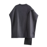 Tineit Woolen Scarf Collar Chic Coat Women Irregular Clipping Thicken Warm Half Sleeve Fashion Jacket Female 2025 Autumn Gray Outwear