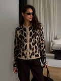 Tineit Leopard Print Knitted Cardigans Women O-neck Soft Single Breasted Loose 2025 Winter Sweater Female Fashion Chic Long Sleeve Coat