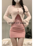 Tineit Autumn Sexy Strap Y2k Mini Dress Sets Women Pink Sweet Sweater Tops Elegant Bodycon Slim 2 Piece Skirt Dress Korean Fashion 2025