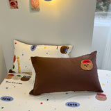 Tineit Mocha Bear Embroidery Bedding Set Twin Queen Duvet Cover Set Pillowcases for Adult Kids Bed Flat Sheet Cute Quilt Cover Kawaii