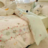 Tineit Ins Bedding Set Cream Green Floral Twin Queen Size Duvet Cover Flat Sheet Pillowcase No Filler Girl Boy Gift Home Bed Linens