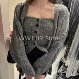 Tineit Woman Korean Fashion 2 Piece Set Chic Slim Basic Tube Top Loose Lknitted Sweater Jacket Lazy Outwear Elegant Cardigan Design