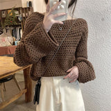 thanksgiving outfit Tineit Sexy Hollow Out Knit Sweater Women Y2K Korean Loose Long Sleeve O Neck Pullovers Autumn Thick Warm Solid All Match Jumpers New