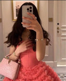 Tineit Pink Tulle Tiered Ruffle Pleats Prom Dress Floor-length فساتين مناسبة حسب الطلب Elegant Sleeveless vestidos de festa 2025-(PRE-ORDER)