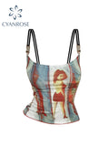 christmas outfit Tineit Sexy Slim Spaghetti Strap Camisole Graphic Print Tank Top Y2K Female Vintage Fashion Off Shoulder Vest Women's Crop Top Summer