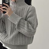 Tineit 2024 Fall Fashion Vintage Lapel Neck Cable Knit Sweater