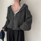 Tineit Cable Knit Oversized Zip Up Hooded Cardigan