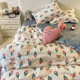 Tineit Rabbit Bedding Set Cute Sweetheart Spring Soft Flat Sheet Duvet Cover Pillowcase Single Double Queen Size Bed Linen