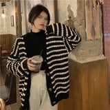 thanksgiving outfit Tineit Striped Knit Cardigan Women Black White Patchwork Fall Winter Warm Button Sweater Fashion Elegant Loose Chic Twist Coat