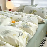 Tineit White Green Bedding Set Floral Ins Duvet Cover with Zipper No Filler Flat Sheet Pillowcase Twin Queen Size Bed Linens