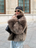 Tineit Chic Stand Collar Faux Fur Short Coat For Women Elegant Fluffy Plush Hidden Buttons Long Sleeve Jacket Female 2024 Warm Outwear