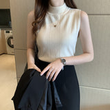 thanksgiving outfit Tineit Solid Elegant Vest Women Fashion Blue Soft Elastic Half High Neck Sweater Office Lady Slim Korean Knitted Sleeveless Basic Tops