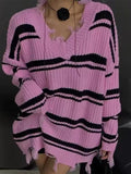 Tineit Striped V Neck Frayed Tassel Knit Sweater