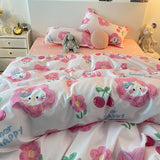 Tineit Pastoral Style Little Bear Bedding Set Adult Queen Twin Full Size Quilt Cover Bed Flat Sheet Kids Cute Duvet Cover No Filler