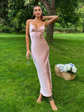 Tineit Elegant Satin Hollow Out Lace Up Maxi Dress Women Sexy V-neck Sleeveless Backless Female Party Dresses 2024 Summer Lady Robe New