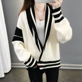 thanksgiving outfit Tineit Patchwork Sweater Women Knitted Loose Elegant Black White Fashion Cardigan Lazy Strip V-Neck Long Sleevekorean Female Jumpers