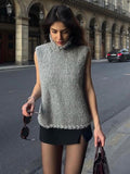 Tineit Knitted Sleeveless High Collar Waistcoat Sweater Women Casual All-match Solid Chic 2025 Autumn Vest Female Street All-match Coat